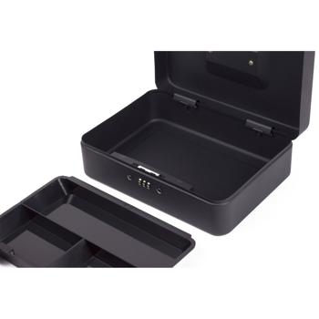 Preview: Geldkassette mit 3-stelligem Kombi-Zahlenschloss - Sichere Aufbewahrung Bargeld Dokumente Wertsachen - Herausnehmbares Fach - 25x18x9cm Schwarz