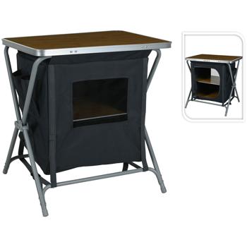 Preview: Faltbare Camping-Küchenbox: 60x45x64cm, dunkelgrau-braun. Vielseitiger Faltschrank auch als Tisch & Ablage nutzbar - Geniales Camping Accessoire