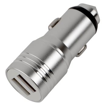 Dual-USB KFZ-Ladegerät  (3,1A) mit Nothammer: Sicherheits-Autoladegerät in Silber für PKW, LKW & mehr, 2 Ladeports & Notfall-Werkzeug