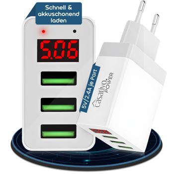 Preview: 2er-Set Multi-Port USB Ladegerät mit 3 USB-A Ports & LED-Display, je 5 V/2,4 A, 3 Geräte gleichzeitig, für iPhone, Airpods, Samsung, Android, etc