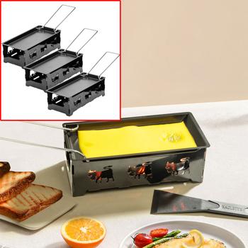 3er-Set Teelicht-Raclette für 1-2 Personen, Set ohne Strom, Teelichter & Schaber, Metall mit originell ausgestanzten Kühen, antihaftbeschichtet
