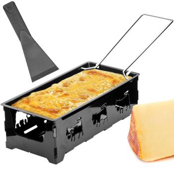 Preview: 3er-Set Teelicht-Raclette für 1-2 Personen, Set ohne Strom, Teelichter & Schaber, Metall mit originell ausgestanzten Kühen, antihaftbeschichtet