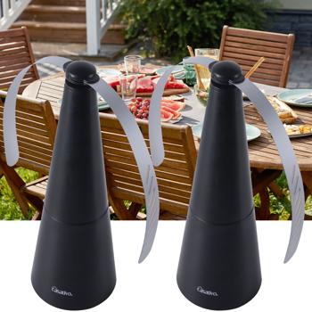 2er Akku-Fliegenvertreiber mit 2 Flügeln, tierfreundlicher Fliegenwedler ohne Chemie, Li-Ion Akku, Hinstellen, Aufhängen auf Balkon, Terrasse, im Garten