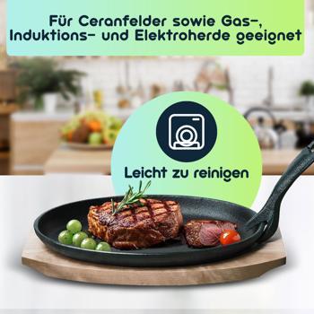Preview: 2er-Set Massive Profi Servierpfanne aus Gusseisen mit Holz-Untersetzer, 24 x 14 x 2,2 cm, Abnehmbarer Griff, bis 230 °C hitzebeständig 