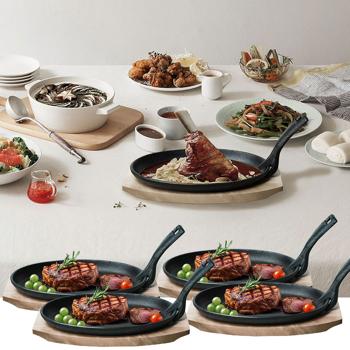 4er-Set Massive Profi Servierpfanne aus Gusseisen mit Holz-Untersetzer, 24 x 14 x 2,2 cm, Abnehmbarer Griff bis 230 °C hitzebeständig 