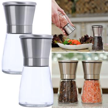 Preview: 2er-Set Salz-/Pfeffermühle: Glas & Edelstahl, Keramik-Mahlwerk - 160ml, Ø 13,2cm - Mahlgrad stufenlos einstellbar - für maximales Aroma
