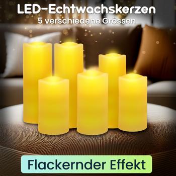 Preview: 12er-Set LED-Echtwachskerzen mit Fernbedienung – dimmbar, flackernder Effekt, verschiedene Grössen, batteriebetrieben für stimmungsvolle Beleuchtung