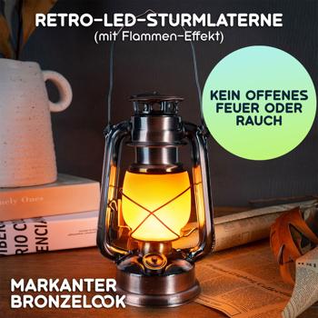 Preview: 2er-Set Retro-LED-Sturmlaterne (Bronze, 25cm) mit realistischer Flammenoptik – Klassische Laterne mit modernster LED-Technik, batteriebetrieben