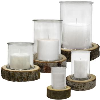 5er-Set Windlichter auf Echtholzsockel – Kerzengläser mit Naturrinde für Innen & Aussen – Dekoration Terrasse Balkon – Geschenkidee – Pappelholz aus Ungarn