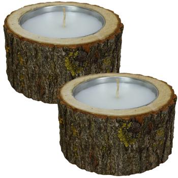 Preview: 2er-Set Holz Kerzenhalter - Handgefertigt, rustikale Natur Deko für Wohnzimmer & Bad, mit Naturrand - Braun, Ø 12x4cm Holz, Ø 8x11cm Glas