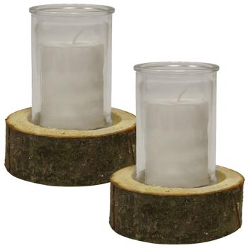 2er-Set Echtholz-Windlicht mit Kerzenglas - Natur-Look Deko für Innen & Aussen - Ø8x11cm/Ø12x4cm - Warme Atmosphäre - Holzsockel mit Naturrinde