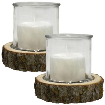 2er-Set Kerzenglas auf Echtholzsockel mit Naturrinde - Windlicht Natur für Innen- & Aussenbereich - Ø13x13cm - Ø18x4cm, Pappel aus Ungarn