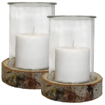 2er-Set Kerzenglas auf Holzsockel - Windlicht Natur mit Echtholzrinde - Ø 13x17cm Glas, Ø 18x4cm Sockel - Für Innen & Aussen - Dekoration & Geschenk