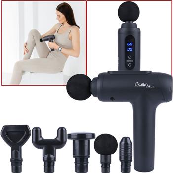 Preview: Professionelle Massage-Pistole, Massage Gun, 6 Köpfe, 20 Intensitätsstufen, Akkubetrieb für Oberschenkel, Bauch, Schulter, Nacken und Rücken