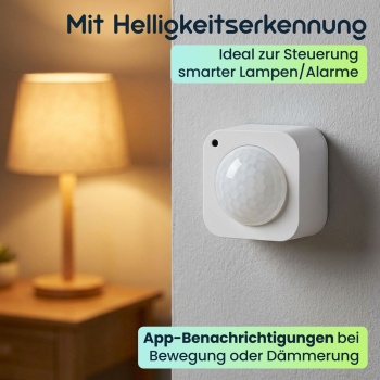 Preview: SmartLife Bewegungssensor - PIR-Sensor - Smart Home kompatibel - Helligkeitserkennung - kabellos, batteriebetrieben - 100° Detektionswinkel - 4,6x3,9x4,6 cm
