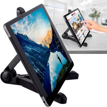 Kompakter Tablet-Halter Schwarz - Einstellbarer 180° Winkel für optimale Sicht unterwegs - Robustes, faltbares Design aus Kunststoff (28x16 cm)