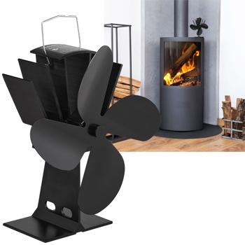 Kaminventilator ohne Strom - 4 Flügel, Aluminium (schwarz) - Ofenventilator für bessere Wärmeverteilung + Behaglichkeit