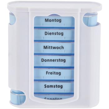 Preview: Pillenbox 7 Tage - Weiss/Blau Medikamentendose mit 4 Fächern pro Tag (Morgen-Mittag-Abend-Nacht) - Wochenbox für Medikamente 11.5x4.3x13 cm