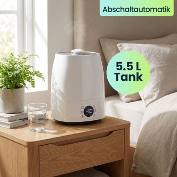 Preview: Effektiver Luftbefeuchter (grau/weiss) mit Hygrometer – Für Räume bis 50 m² – 5,5 Liter Tank & Keramikfilter für ein gesundes Raumklima