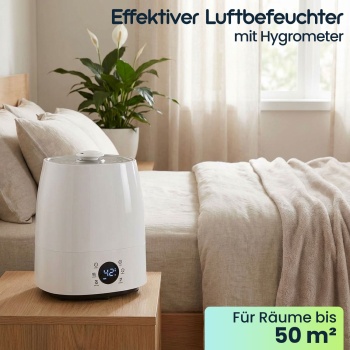 Preview: Effektiver Luftbefeuchter (grau/weiss) mit Hygrometer – Für Räume bis 50 m² – 5,5 Liter Tank & Keramikfilter für ein gesundes Raumklima
