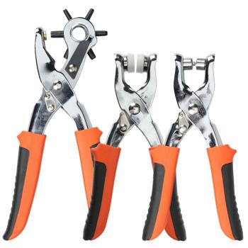 Preview: Lochzangen-Set - Revolverlochzange, Druckknopfzange, Nietenzange - für Leder, Textil, Gürtel - 6 Aufsätze (2-4.5mm) - inkl. 100 Ösen, 25 Druckknöpfe