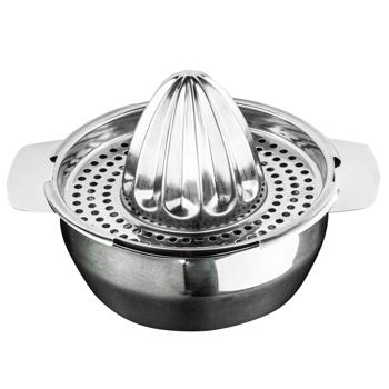 Preview: Zitronenpresse Manuell Edelstahl - Für frisch gepresste Fruchtsäfte mit Sieb & Auffangschale - Hygienisch, rostfrei, spülmaschinengeeignet, 16.5x13x10cm