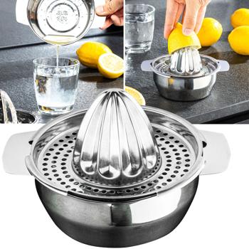 Zitronenpresse Manuell Edelstahl - Für frisch gepresste Fruchtsäfte mit Sieb & Auffangschale - Hygienisch, rostfrei, spülmaschinengeeignet, 16.5x13x10cm
