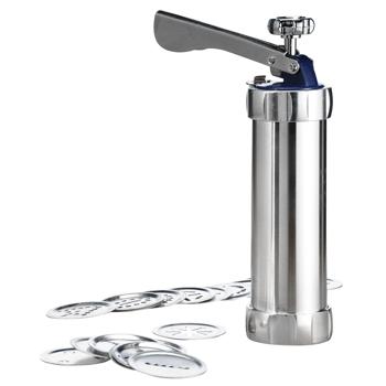 Preview: Gebäckpresse Edelstahl Aluminium - Vielseitig Backen, Verzieren, Garnieren - 20 Formscheiben, 4 Spritzaufsätze - Einfache Bedienung & Reinigung