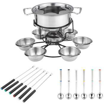 Preview: Fondue-Set aus Edelstahl mit Drehgestell für 6 Personen, inkl. Gabeln, Schüsseln und Löffel - Komplett-Set mit Beilagen- & Saucen-Drehgestell