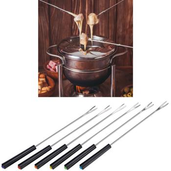 6er-Set Fonduegabeln mit schwarzem Griff - ideal für Käse- & Fleischfondue - farbcodiert, Edelstahl, PP-Kunststoff, 24 cm lang, Ø 3,2 mm, spülmaschinenfest