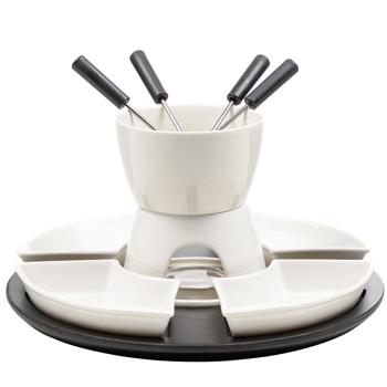 Teelicht-Fondue-Set aus Keramik für 4 Personen – weiss-schwarz, stilvoll & kompakt, perfekt für Schokofondue & Käsefondue für gemütlichen Genuss