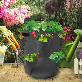 Preview: Erdbeer-Pflanzsäcke (4er Set, 43L, Ø35x45cm) - Atmungsaktiver Filz - robuste Tragegriffe - Ideal für Balkon & Terrasse