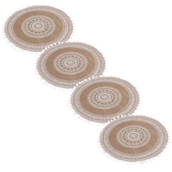 4er-Set rundes Jute Tischset mit Quasten - Boho Platzset für Ess- & Couchtisch - 38x38 cm - schützt Oberflächen vor Kratzern & Flecken - Braun/Weiss