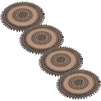 4er-Set rundes Tischset aus Jute mit Bommel - Ethno-Stil, schützt Oberflächen vor Kratzern & Flecken - Ø 38cm, braun-schwarz