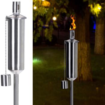 Öl-Gartenfackel Edelstahl 115cm - Mit Sicherheitskappe & Glasfaserdocht - Wetterfest, langlebig - Für Garten, Terrasse, Balkon & Partys