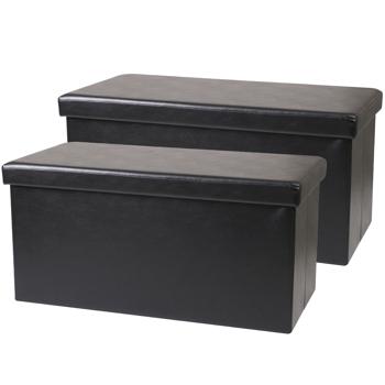 Preview: 2er-Set Elegante Faltbare Sitztruhe, für 2 Personen, faltbar, Kunstleder in schwarz, mit zusätzlichem Stauraum und komfortablem Sitz