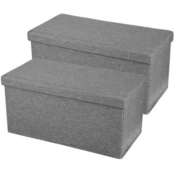 Preview: 2er Set Elegante faltbare Sitztruhe, für 2 Personen, 76 x 37.5 x 37.5 cm, Textilbezug in grau, mit zusätzlichem Stauraum und komfortablem Sitz