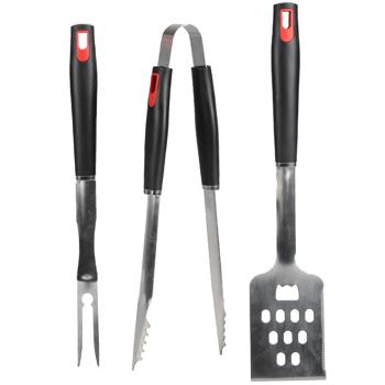 Preview: 3-teiliges Edelstahl Grillbesteck, 40cm – Grillzange, Grillwender, Grillgabel, Griff rot-schwarz, komplettes BBQ-Werkzeugset