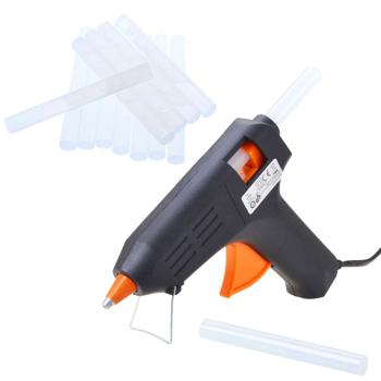 Preview: Heissklebepistole 40W - präzises schnelles Verkleben von Holz, Kunststoff, Textilien, Metall, Leder, Keramik - 14 Klebesticks Ø 11mm transparent - mit Aufstellbügel