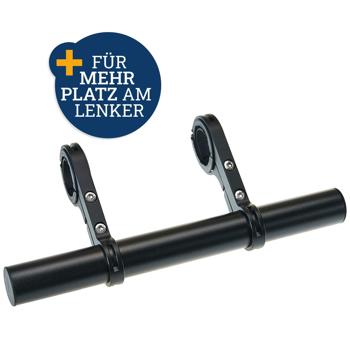Preview: Fahrrad Lenker-Verlängerung Velo - Zusatzraum für Tacho, Actioncam, Handy, Lampe - Robuste Aluminiumlegierung, Schwarz - 20 cm lang - Kompatibel mit 22-32mm Lenkern