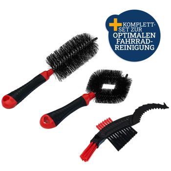 Preview: Fahrrad Reinigungsbürstenset 3-teilig - Makellose Velo-Pflege, werterhaltend & schonend - Ergonomische Griffe, Spezialbürsten für Ketten, Rahmen