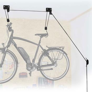 Robuster E-Bike-Deckenlift, 57kg max., zur platzsparenden Aufbewahrung und Reparatur. Stabil und langlebig, einfacher Montagevorgang