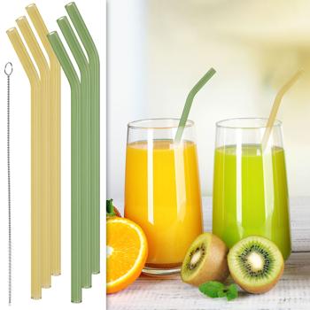Glas-Trinkhalme wiederverwendbar mit Reinigungsbürste, 6erSet, 19 cm, mehrfarbig, gebogen, spülmaschinenfest, ideal zu Cocktails, Smoothie und Säften