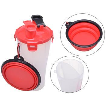 Preview: 2in1-Wasser- & Futterflasche für Hunde - Integrierter Napf & Karabinerhaken - Auslaufsicher, Ideal für Wanderungen - Transparent, Rot/Schwarz