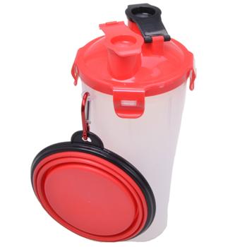 Preview: 2in1-Wasser- & Futterflasche für Hunde - Integrierter Napf & Karabinerhaken - Auslaufsicher, Ideal für Wanderungen - Transparent, Rot/Schwarz