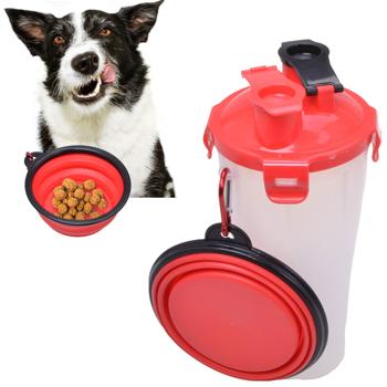 2in1-Wasser- & Futterflasche für Hunde - Integrierter Napf & Karabinerhaken - Auslaufsicher, Ideal für Wanderungen - Transparent, Rot/Schwarz