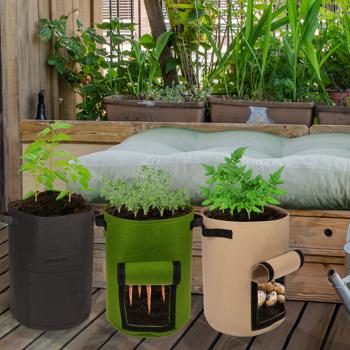 Preview: 6er-Set Pflanzsäcke mit Erntefenster - für Kartoffeln & Wurzelgemüse - 43L Volumen, Ø 35x45cm, Filz, waschbar - Balkon & Terrasse