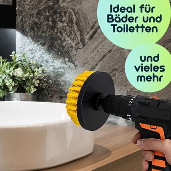 Preview: 4er Reinigungsbürsten-Set für Akkuschrauber & Bohrmaschine, gelb/schwarz, Drill Brush Reinigungskit ideal für Küche, Bad, Felgen, Auto
