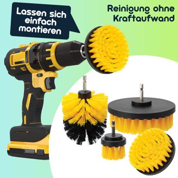 Preview: 4er Reinigungsbürsten-Set für Akkuschrauber & Bohrmaschine, gelb/schwarz, Drill Brush Reinigungskit ideal für Küche, Bad, Felgen, Auto