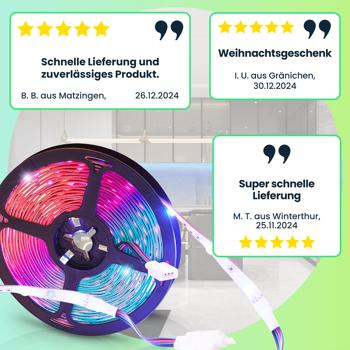 Preview: LED Streifen, WLAN, RGB, 5m, 150 LEDs, 16 Mio Farben, Fernbedienung, App-, Sprach- u. Sound-Steuerung, komp. zu Google, Siri, Alexa, Tuya 